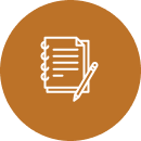 Notebook and pencil icon on brown circle