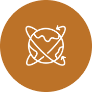 Globe with arrows icon on brown circle